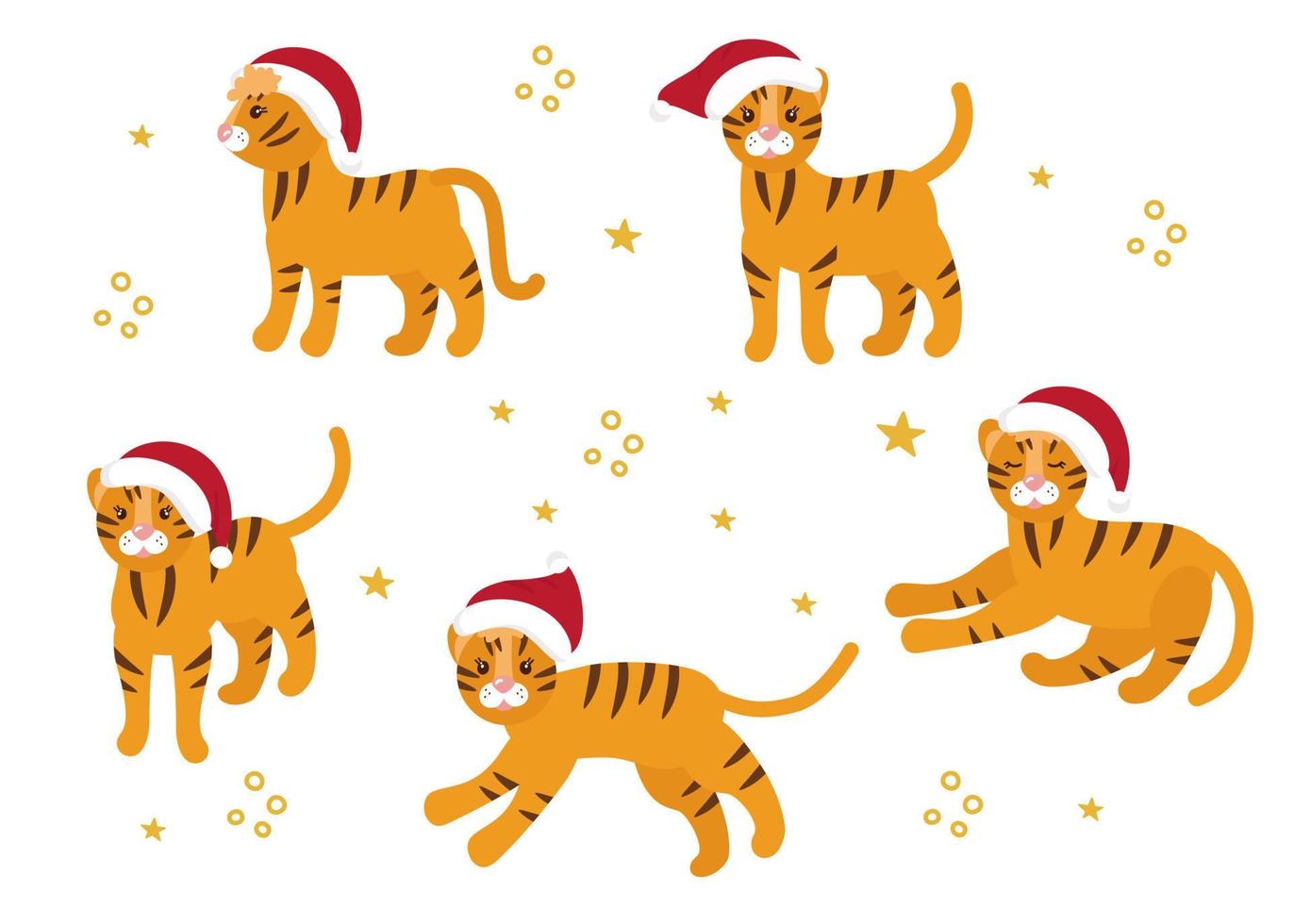 New Year's set with tigers in red caps. Vector clipart, isolated illustration.