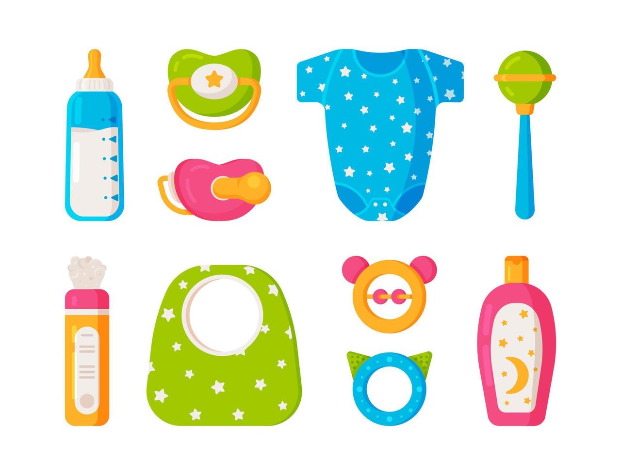 Vector illustration of a baby care and play kit. Colored baby icons. Baby kit.