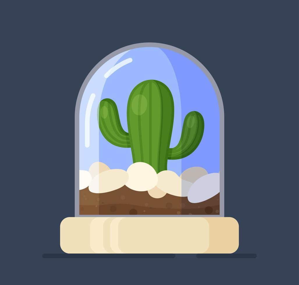 Vector illustration of plant cylinder glass. Glass vector case, transparent plant dome isolated on blue background.