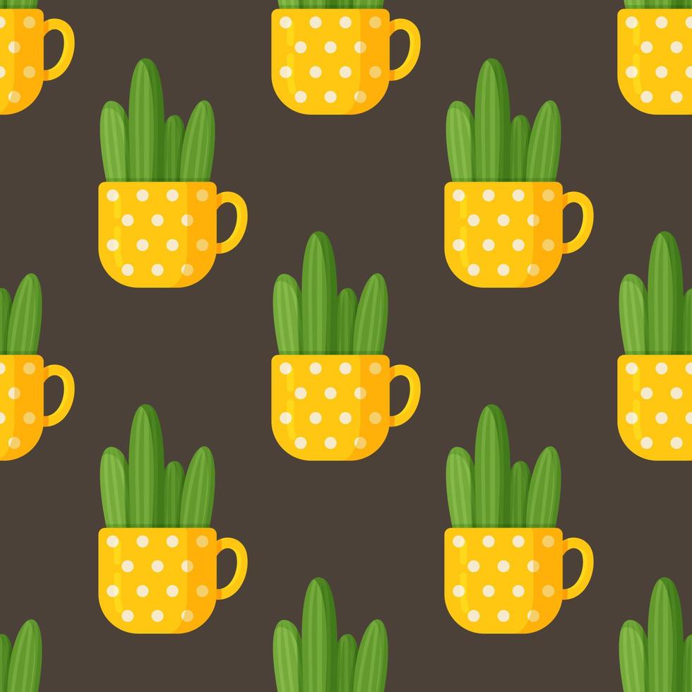 Vector illustration of cup cactus pattern. Seamless drawing of a long cactus in a beautiful yellow cup.