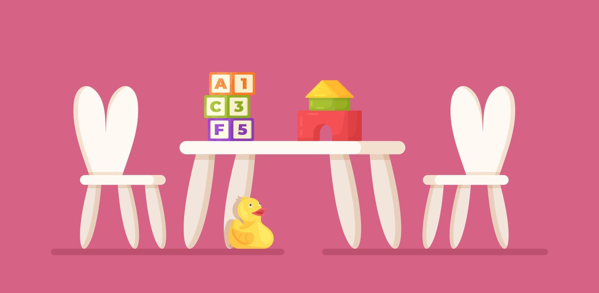 Vector illustration of children's table. Two chairs and a table isolated on a pink background.