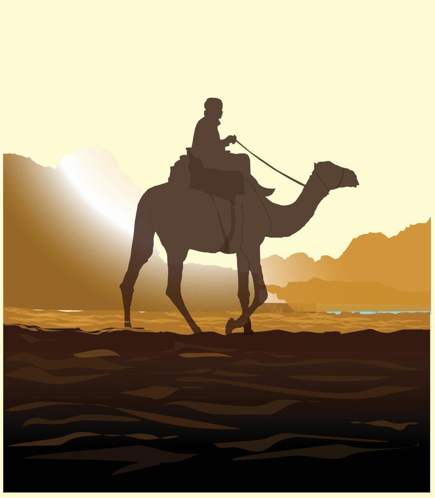 At sunset caravan potrait silhoutte on brown backgrounds vector