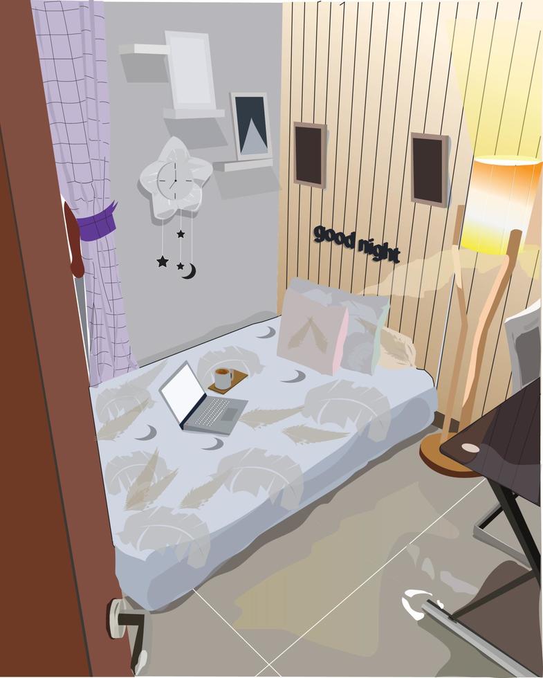 hogar dulce hogar, dormitorio interior niña en casa. habitación vectorial para adolescentes con cama sin hacer, espacio de estudio con escritorio y computadora, libros y fotos en la pared vector