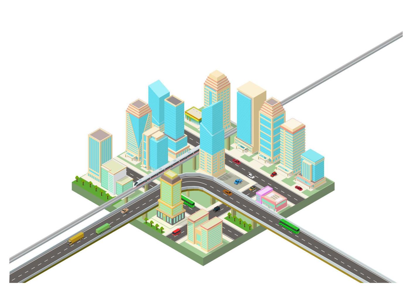 ciudad isométrica con rascacielos y autopista vector