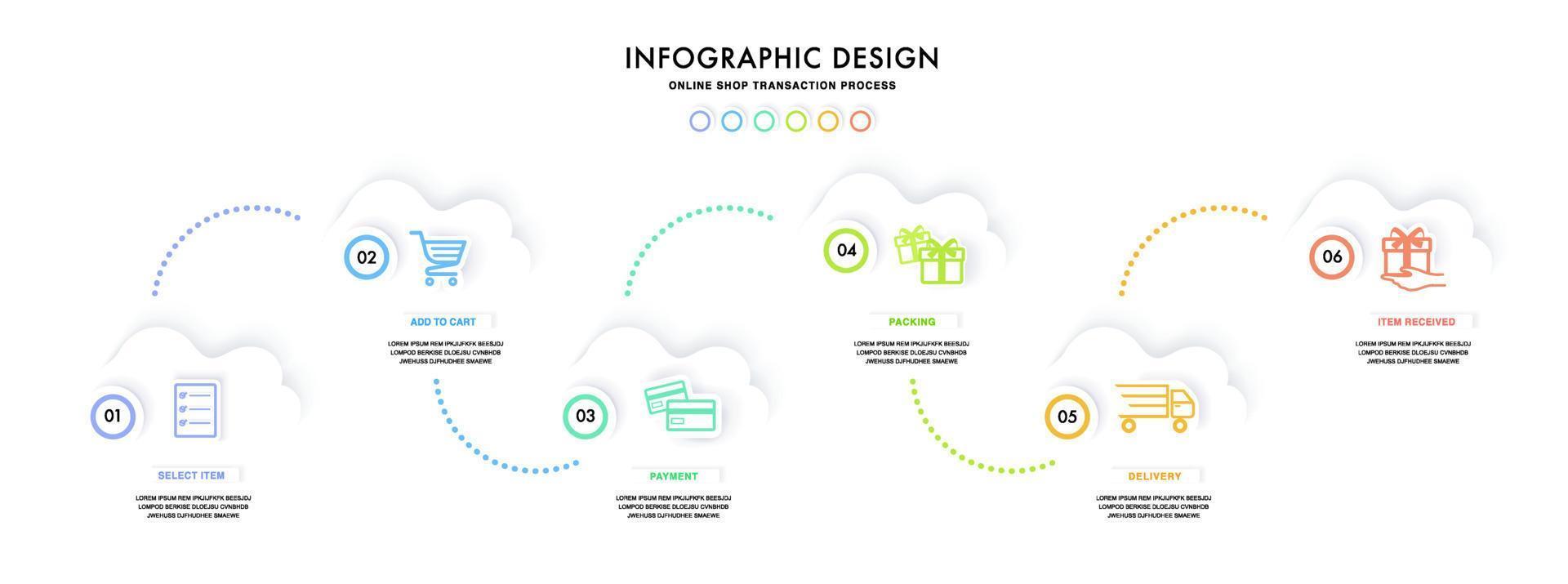 Concept of shopping process with 6 successive steps. Six colorful graphic elements. Timeline design for brochure, presentation, web site. Infographic design layout. vector