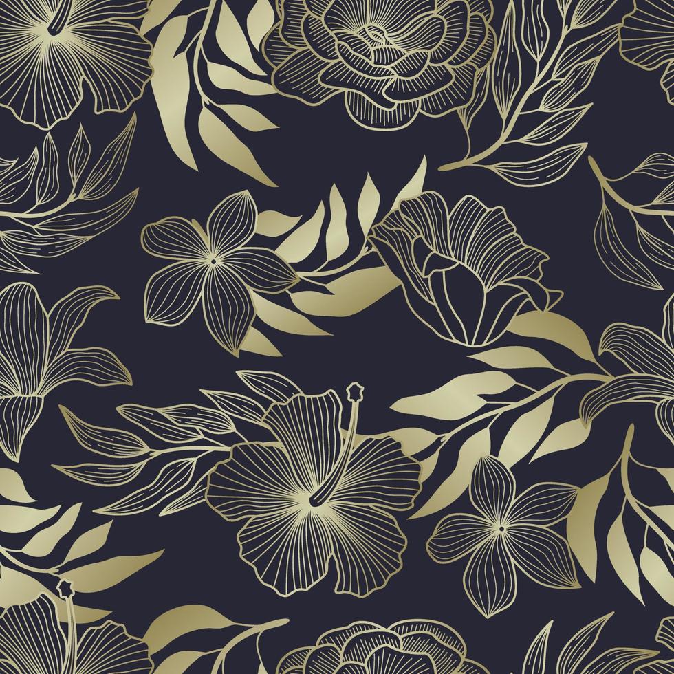 Floral seamless pattern with leaves. gold outline tropical background vector