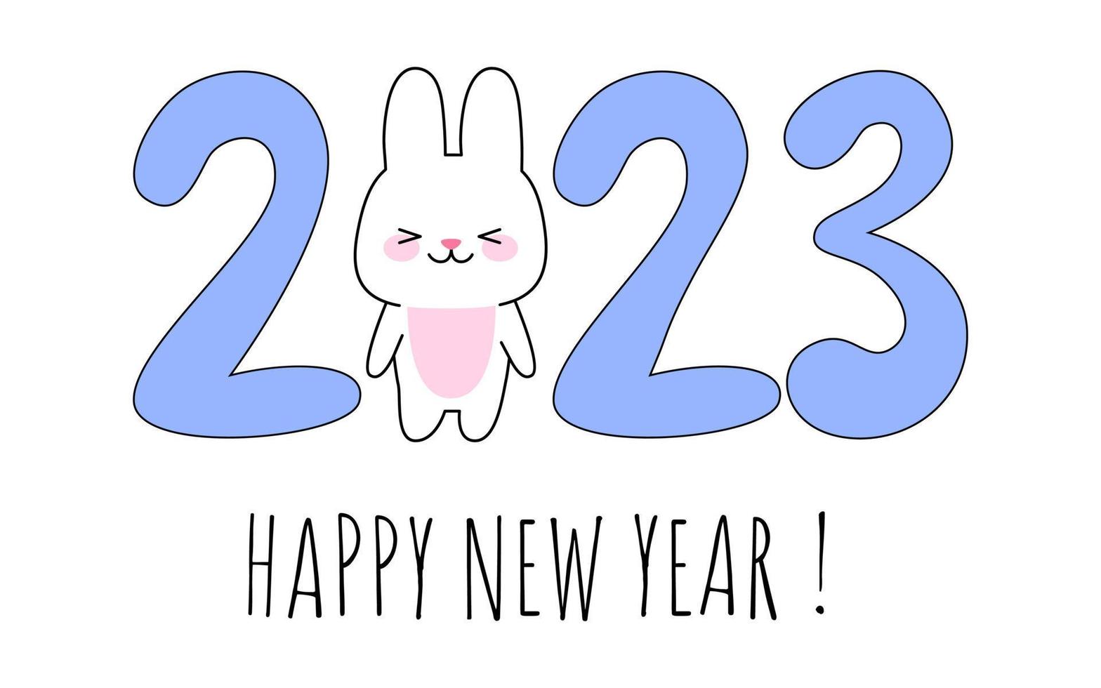 New year 2023 design template with wishes. The year of the rabbit of lunar Eastern calendar. Vector kawaii cartoon illustration.