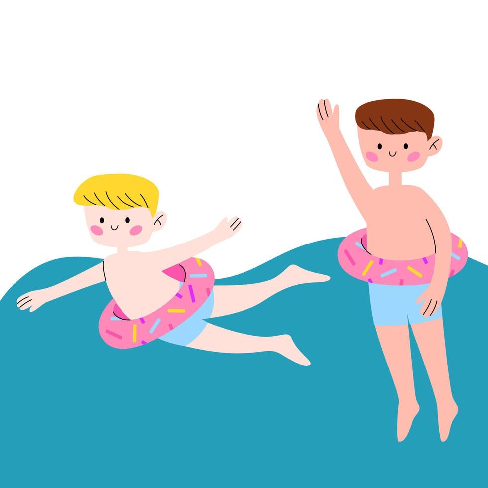 lindos chicos kawaii nadan en la piscina con un círculo inflable en forma de donut. ilustración de dibujos animados vectoriales. vector