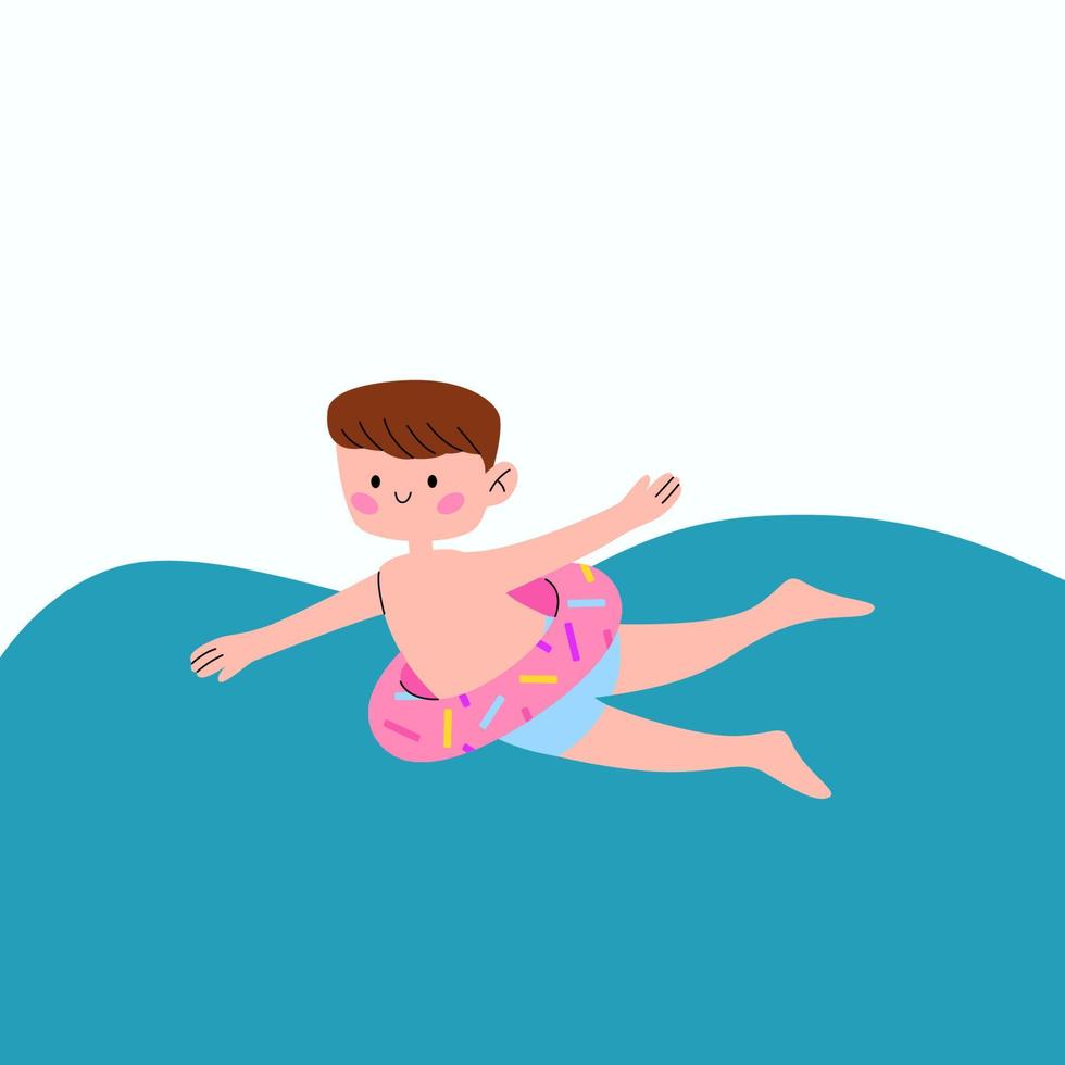 un lindo niño kawaii nada en la piscina con un círculo inflable en forma de donut. ilustración de dibujos animados vectoriales. vector