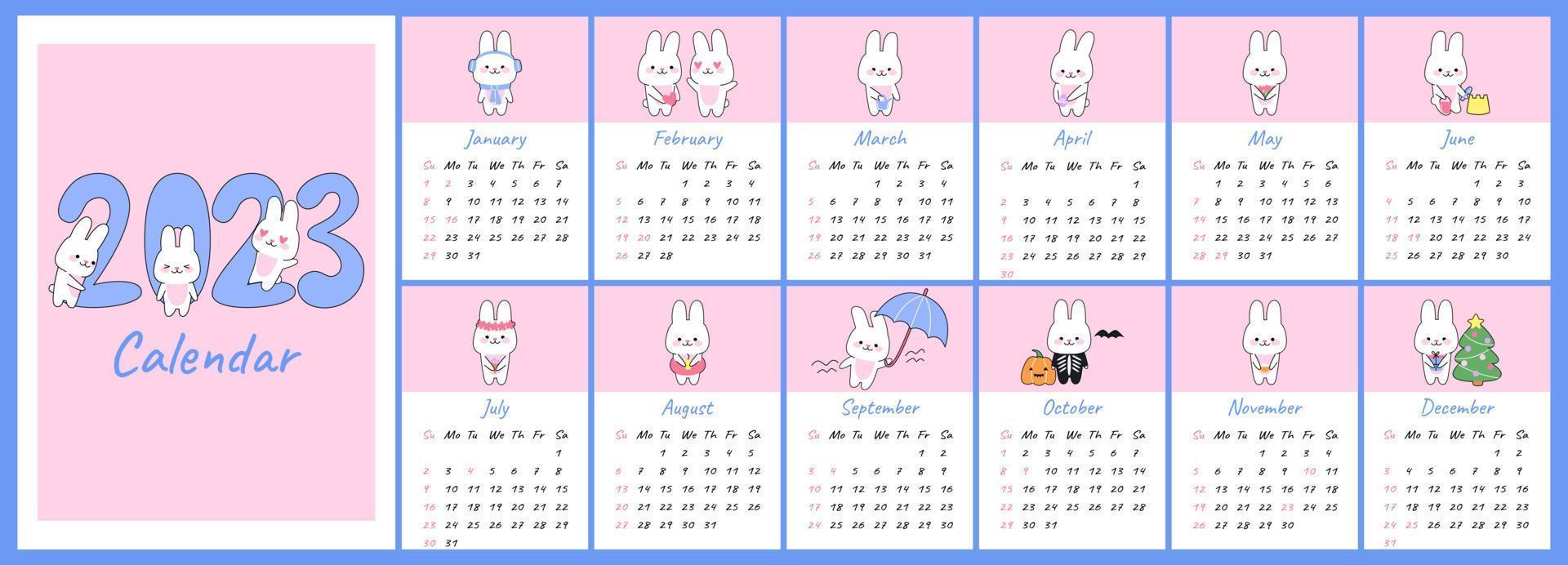 Vertical calendar 2023 with cute kawaii rabbits. Covers and 12 month pages bunny character mascot symbol year. Week starts on Sunday. For size A4, A5, A3. Vector flat cartoon template.