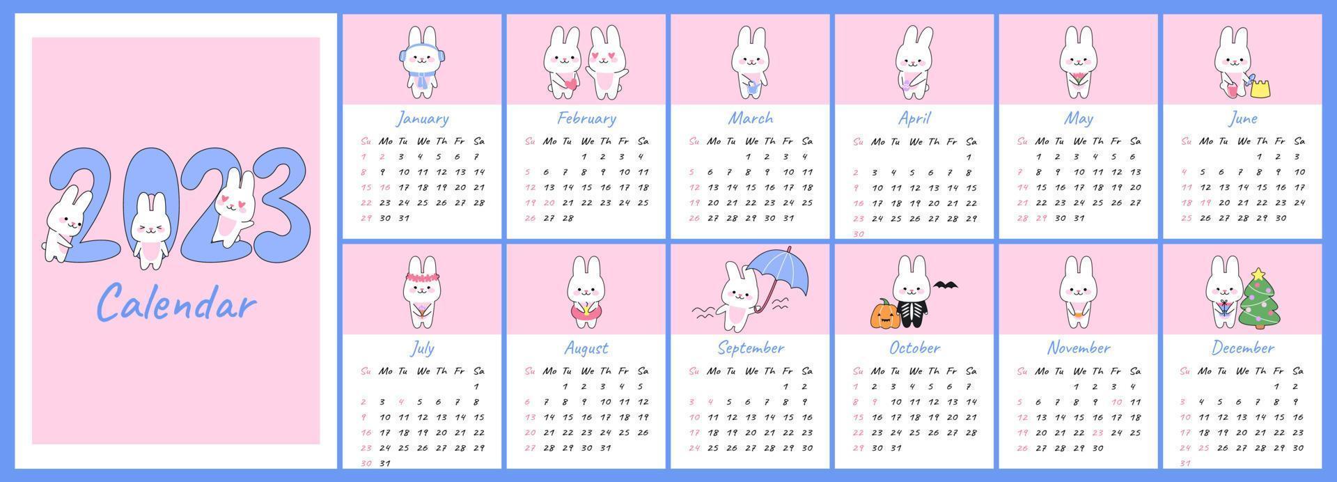 calendario vertical 2023 con lindos conejos kawaii. portadas y páginas de 12 meses conejito personaje mascota símbolo año. semana comienza el domingo. para tamaño a4, a5, a3. plantilla de caricatura plana vectorial. vector