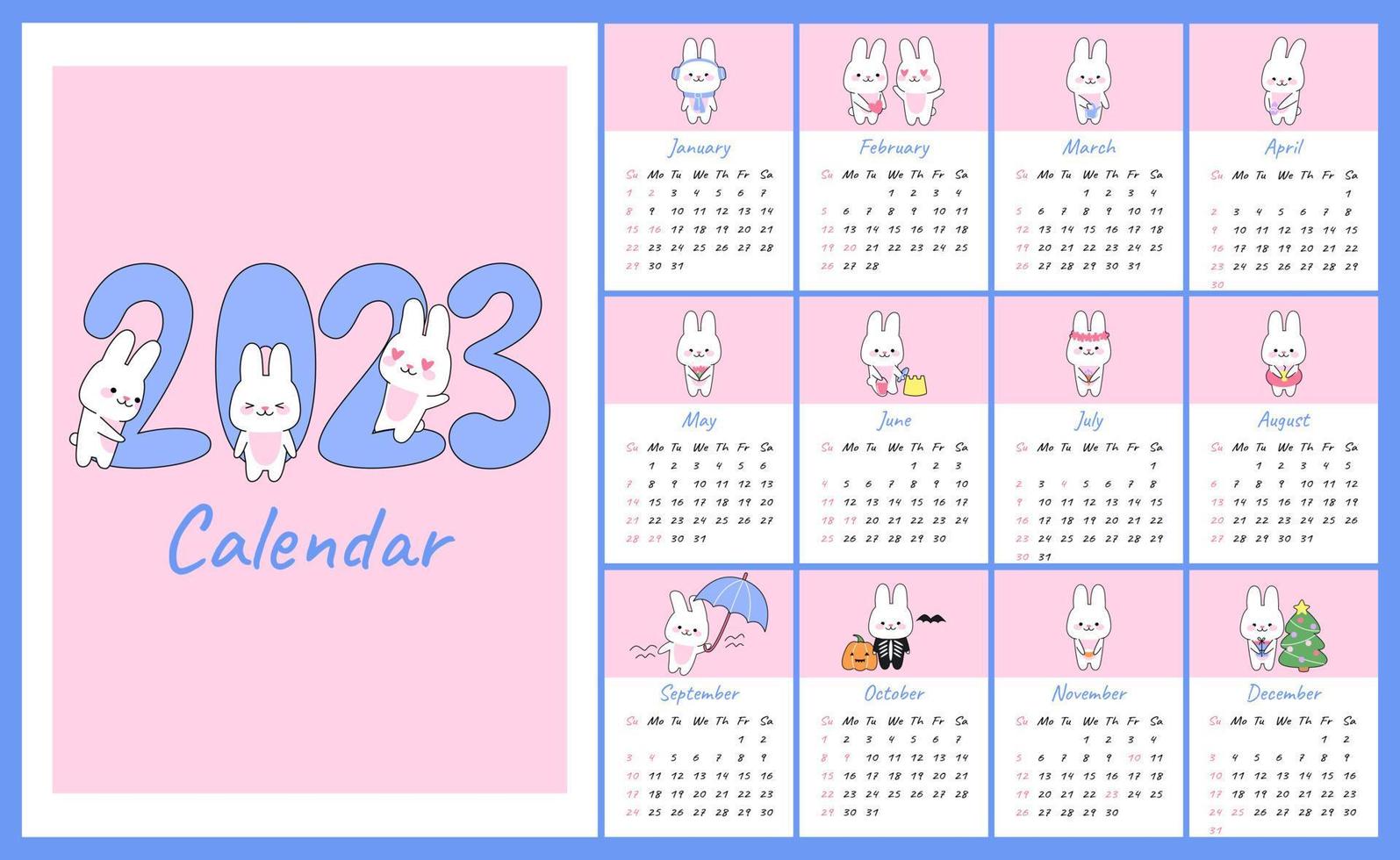 calendario vertical 2023 con lindos conejos kawaii. portadas y páginas de 12 meses conejito personaje mascota símbolo año. semana comienza el domingo. para tamaño a4, a5, a3. plantilla de caricatura plana vectorial. vector