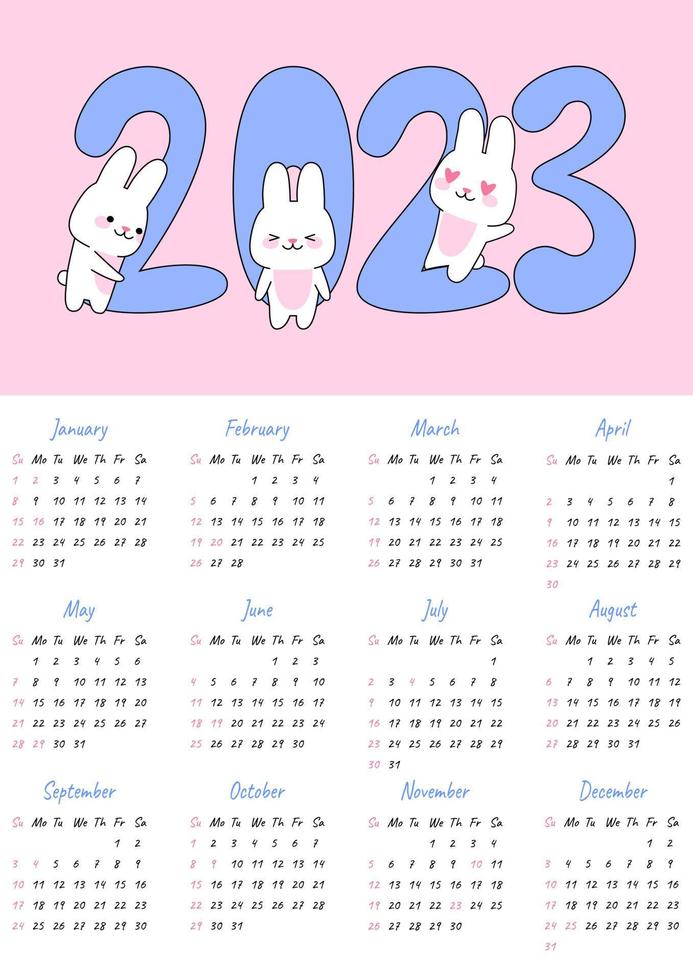 calendario 2023 con lindos conejos kawaii. página con 12 meses. conejito personaje mascota símbolo año. semana comienza el domingo. para tamaño a4, a5, a3. plantilla de caricatura plana vectorial. vector