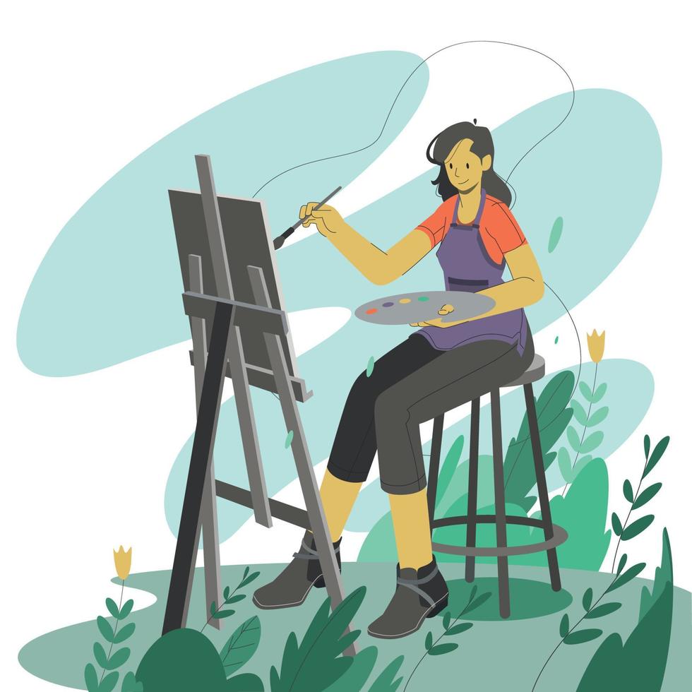 mujeres creativas pintan sobre lienzo en la naturaleza vector