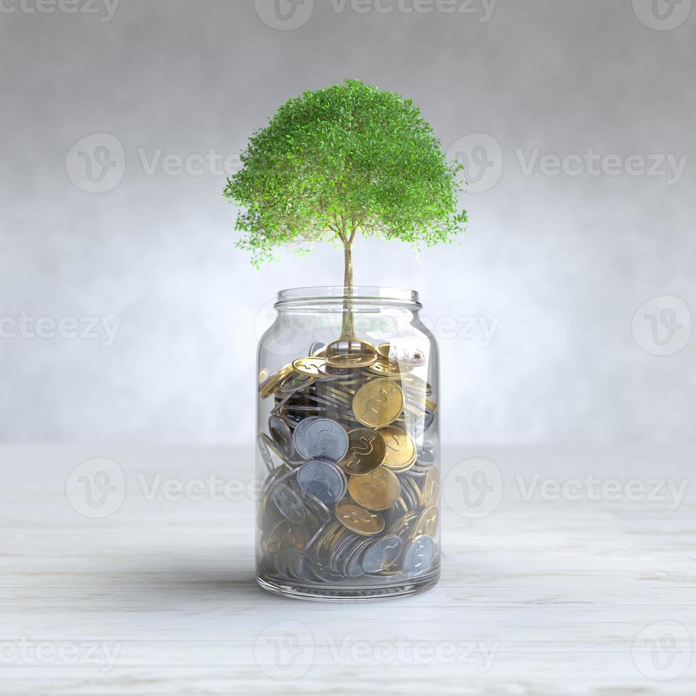 A tree grows on a coin in a glass jar, Money saving concept photo