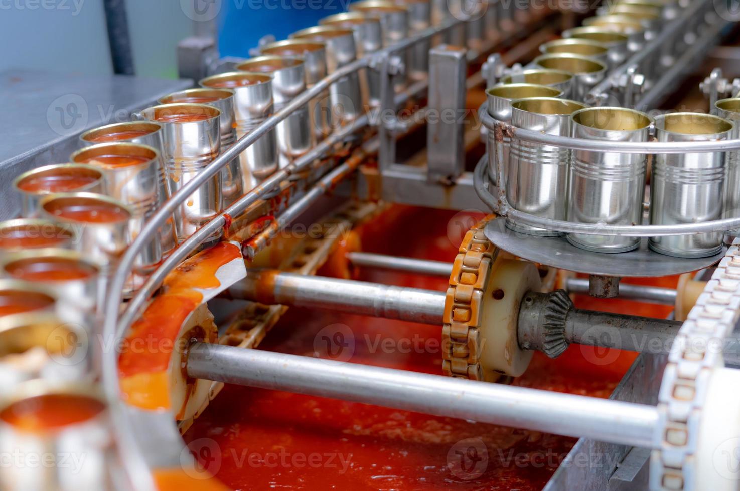 Canned fish factory. Food industry.  Sardines in red tomato sauce in tinned cans at food factory. Food processing production line. Food manufacturing industry. Many can of sardines on a conveyor belt. photo