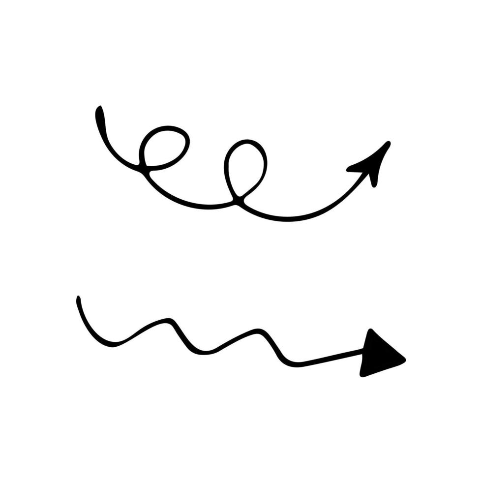 conjunto de flechas con curvas. colección de indicadores de dirección. ilustración dibujada a mano en estilo de arte de línea de garabato. monocromo, escandinavo, minimalismo. icono, pegatina vector