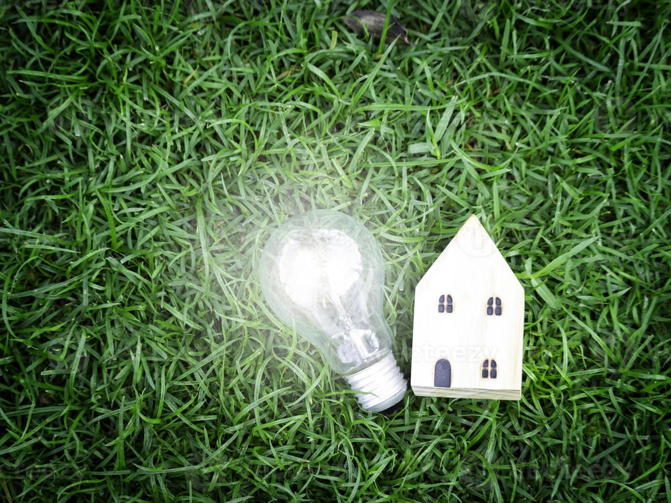 Wooden house and light bulb on green grass, energy-saving, using renewable green energy for saving the world, love and protect our planet, environmental friendly concept photo