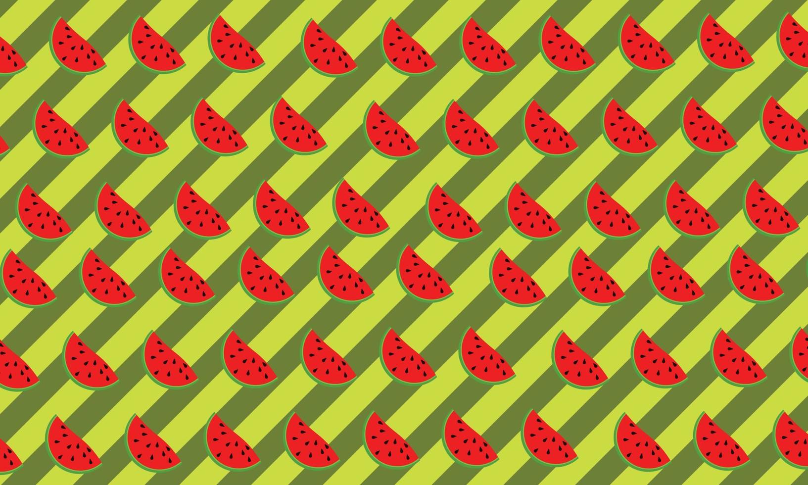 Fruit background with watermelon slice in doodle style on green stripes background. vector