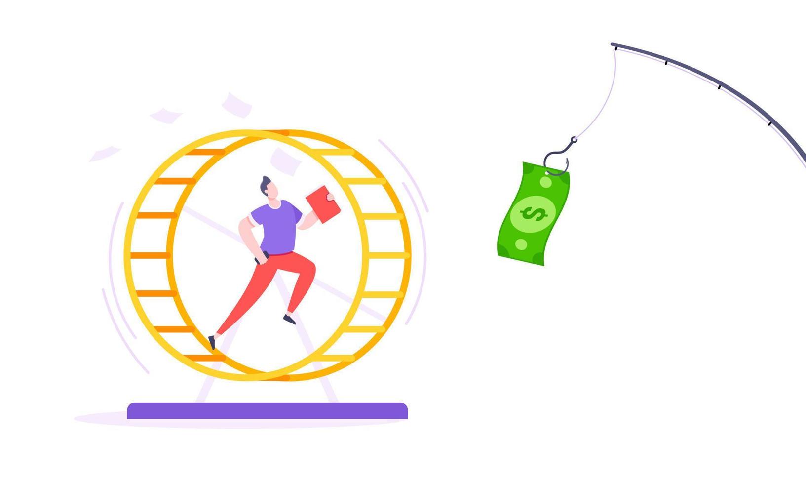 Rat race business concept with businessman running after rod dangling dollar. vector