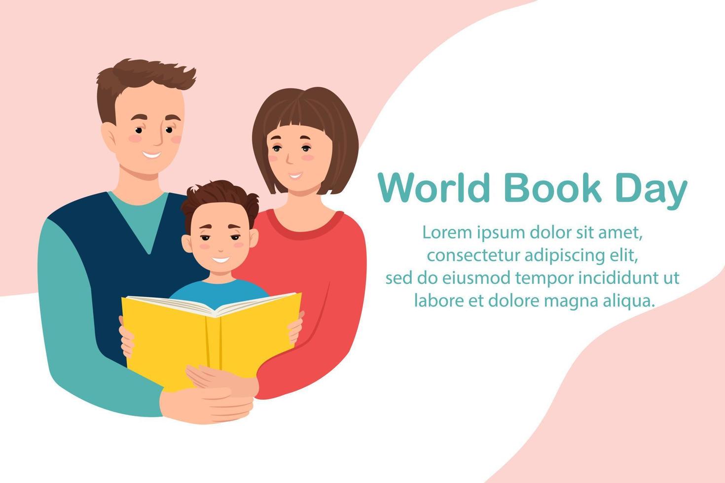 World Book Day banner, parents reading together with baby, vector illustration