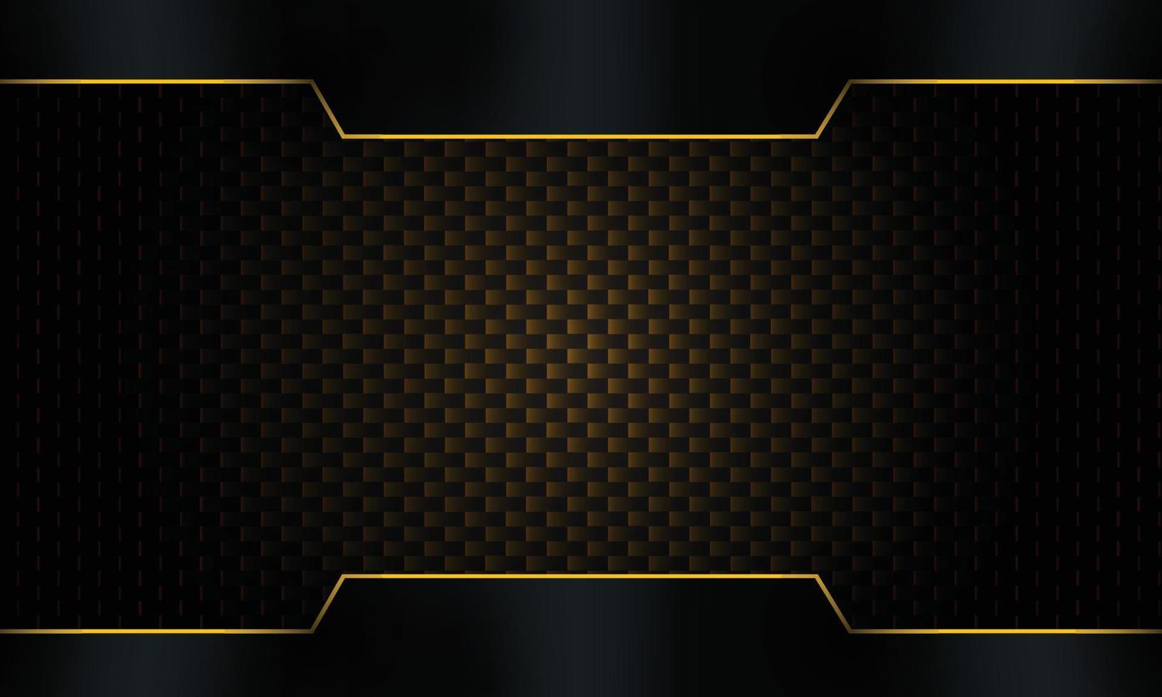 Dark carbon fiber background with abstract black metallic frame with gold stripes . vector