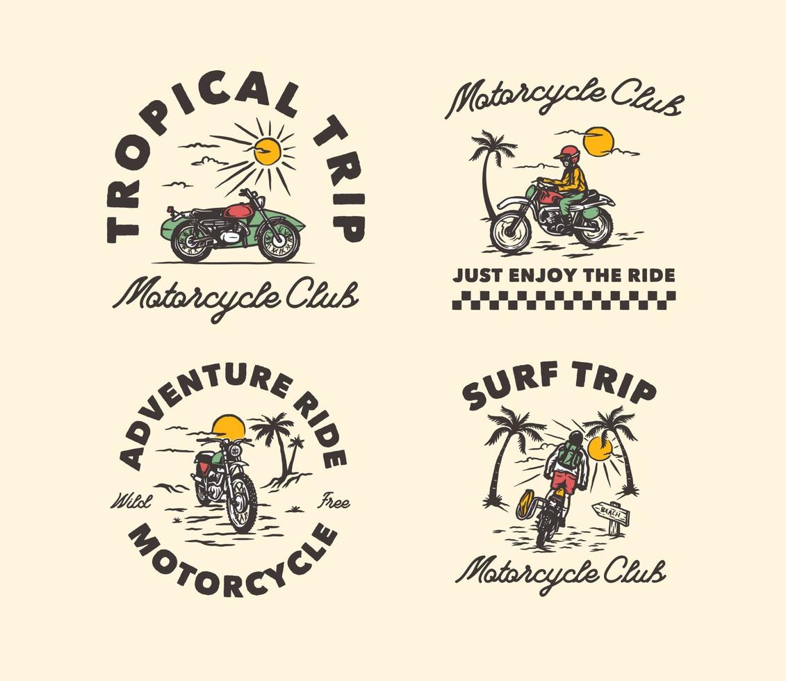 insignia de etiqueta de logotipo de club de surf de motocicleta vintage dibujada a mano vector