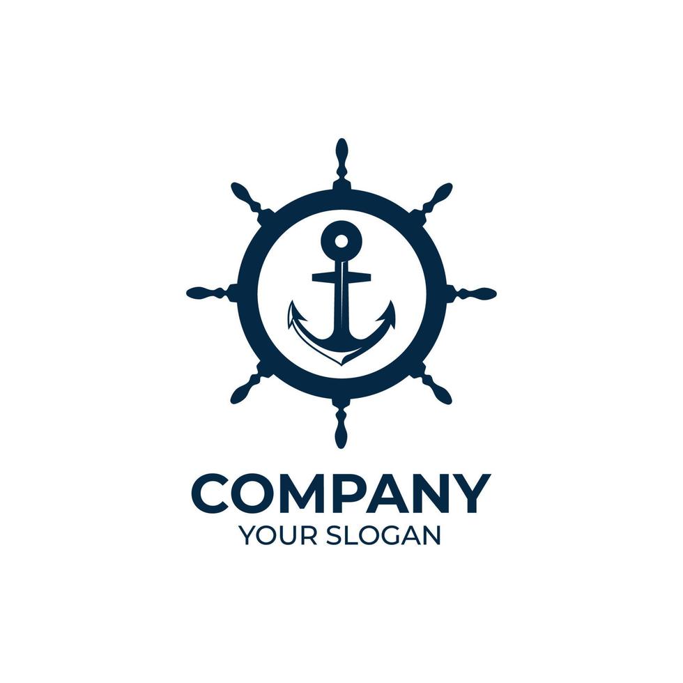 Marine retro emblems logo with anchor and ship steering vector
