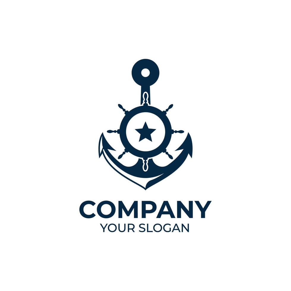 Marine retro emblems logo with anchor and ship steering vector