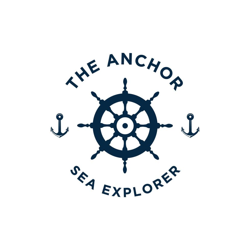 Marine retro emblems logo with anchor and steering ship vector