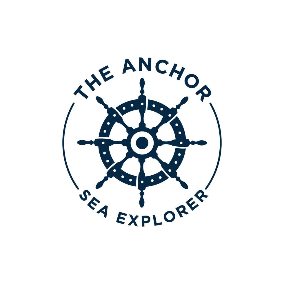 Marine retro emblems logo with ship steering vector