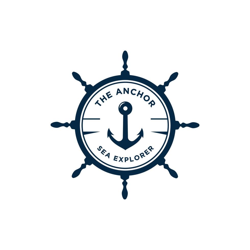 Marine retro emblems logo with anchor and ship steering vector