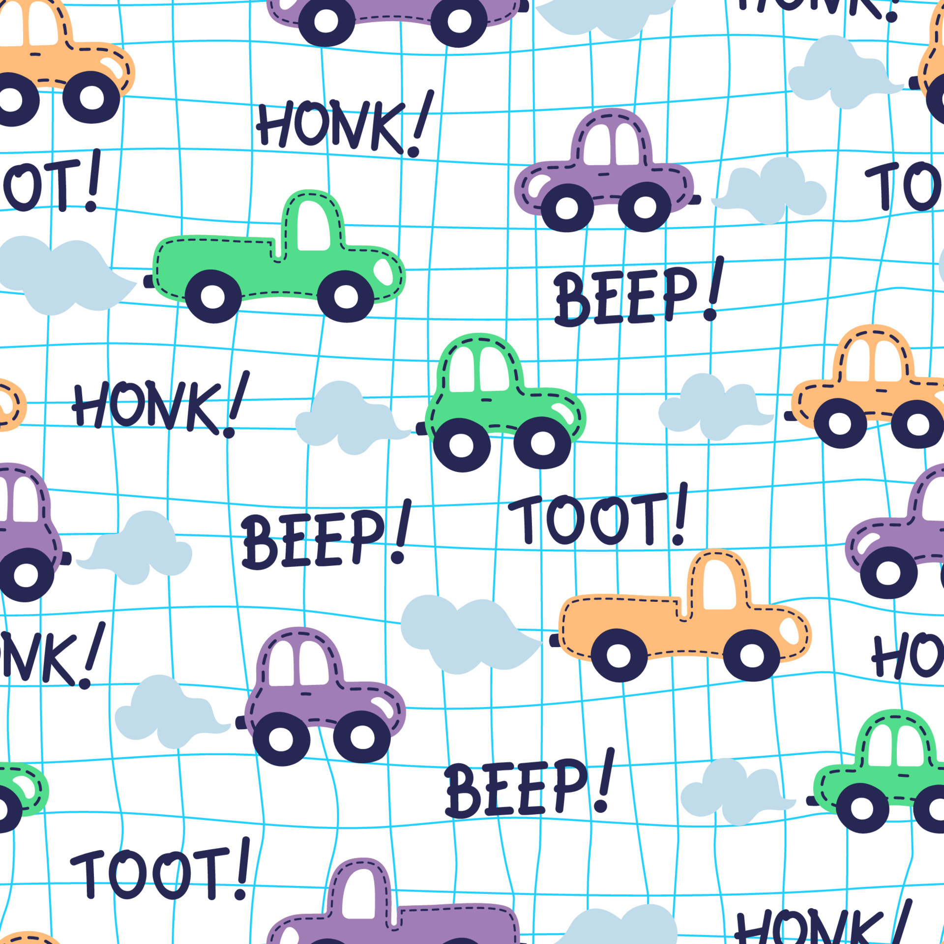 Seamless pattern with cars, road on square background, words Toot, beep
