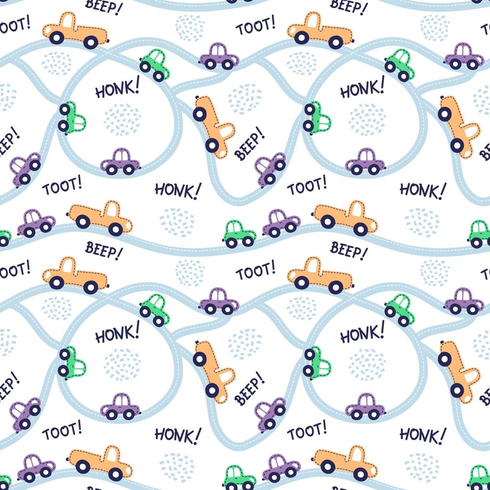 caSeamless pattern with cars, road,  words Toot, beep. Vector kids background, children textile print. Flat design.