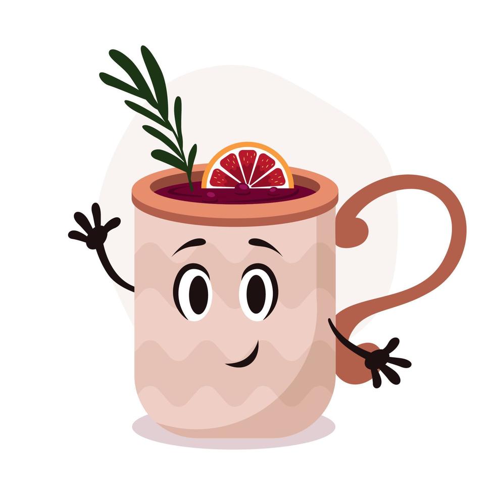 Vector big brown cup with hot drink. Mulled wine with rosemary and orange. Funny cartoon mug character with smile.