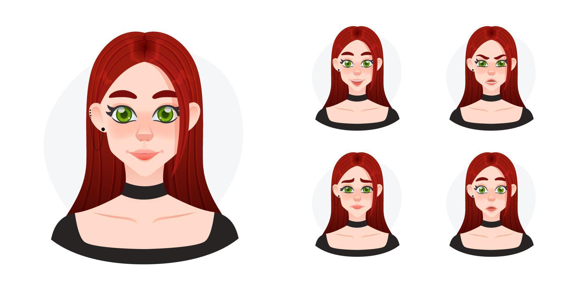Cartoon young pretty girl avatar set. Punk rock lady with big green eyes. Young beautiful girl with long red hairs and chocker necklate. vector