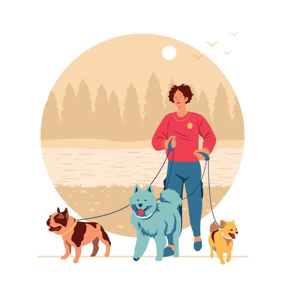 Young Man Dog Walker vector