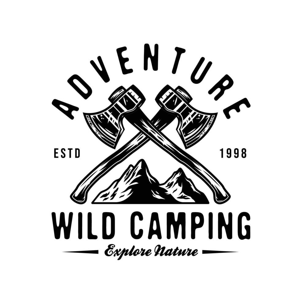 Adventure Camping emblem with crossed axes and mountain vector