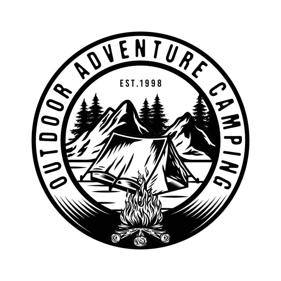 Outdoor adventure camping tent and campfire badge design with nature mountain scene vector