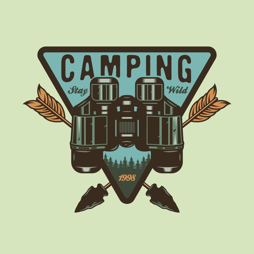 Vintage camping binocular badge design with crossed hunting arrows vector