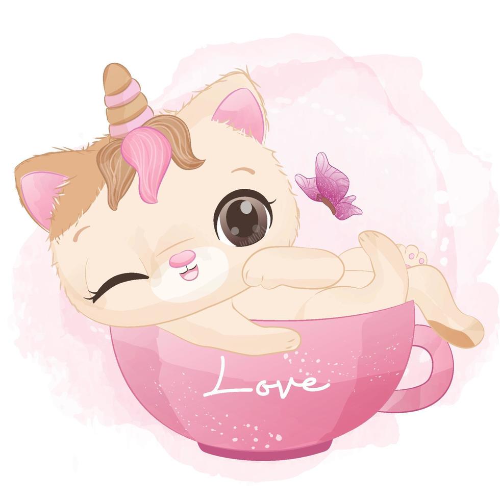 adorable gatito unicornio en ilustración acuarela vector