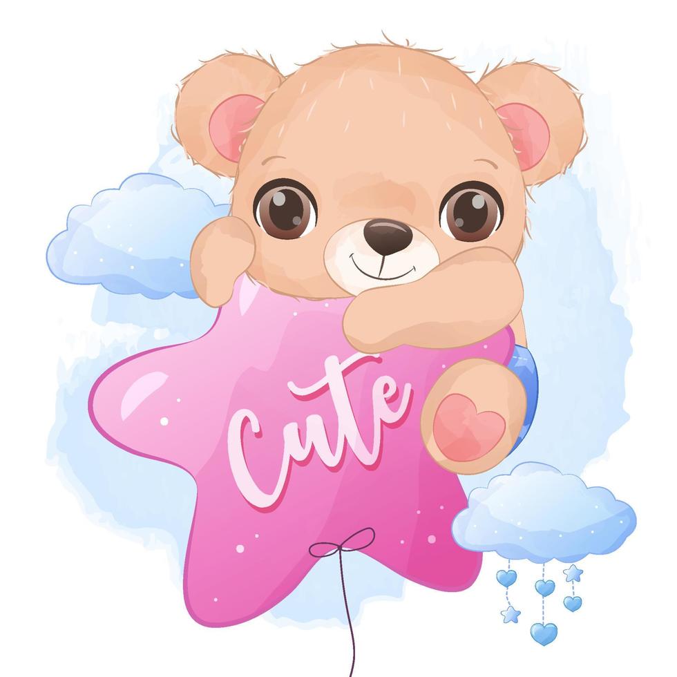 Adorable little bear in watercolor illustration vector