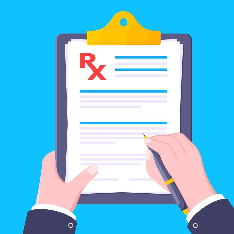 Medical rx form prescription on clipboard flat style design vector illustration.