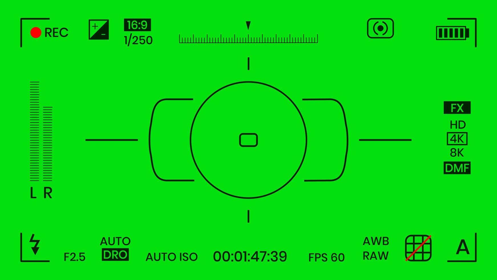 Green colored chroma key camera rec frame viewfinder overlay background screen flat style design vector illustration. Chroma key VFX screen camera overlay abstract background concept for video footage