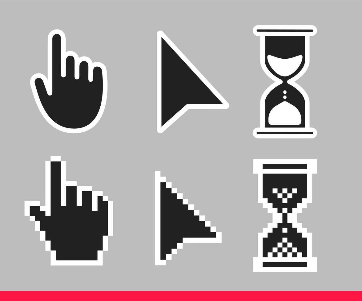 Pointer hand, arrow and hourglass loading clock mouse cursors vector