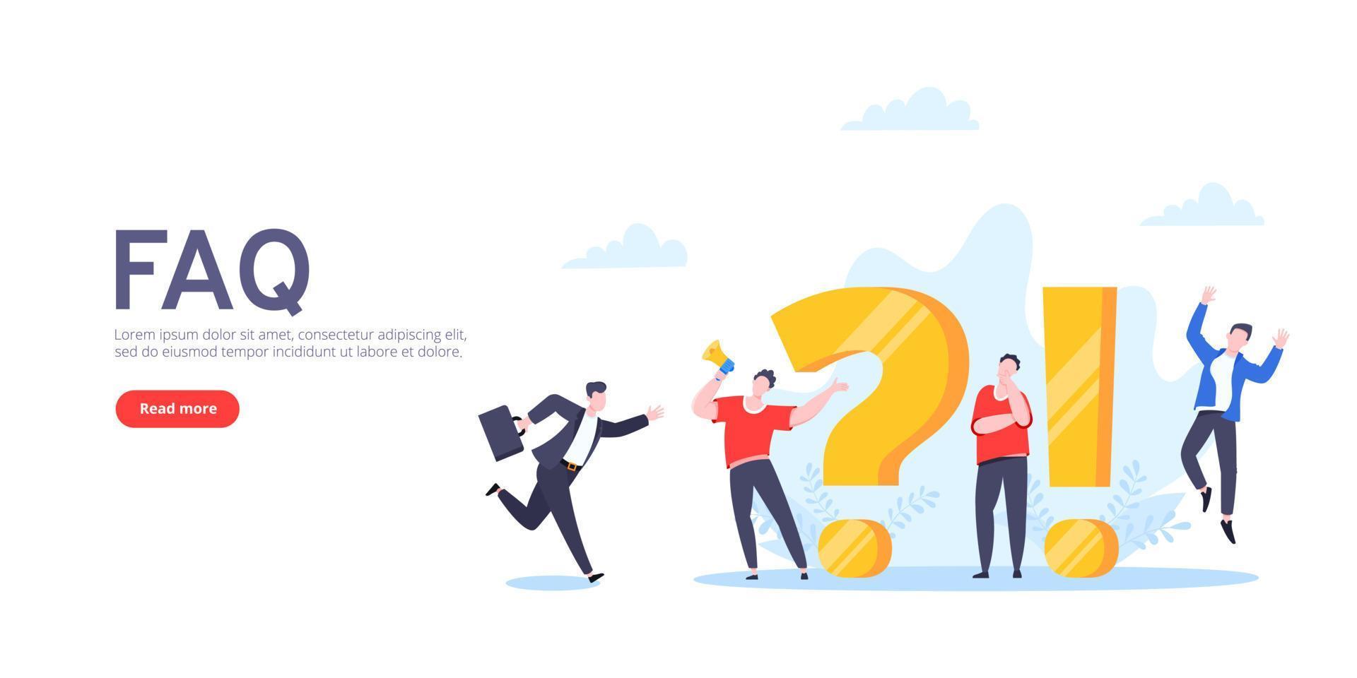 Q and A or FAQ concept with tiny people characters, big question and exclamation mark, frequently asked questions template. vector