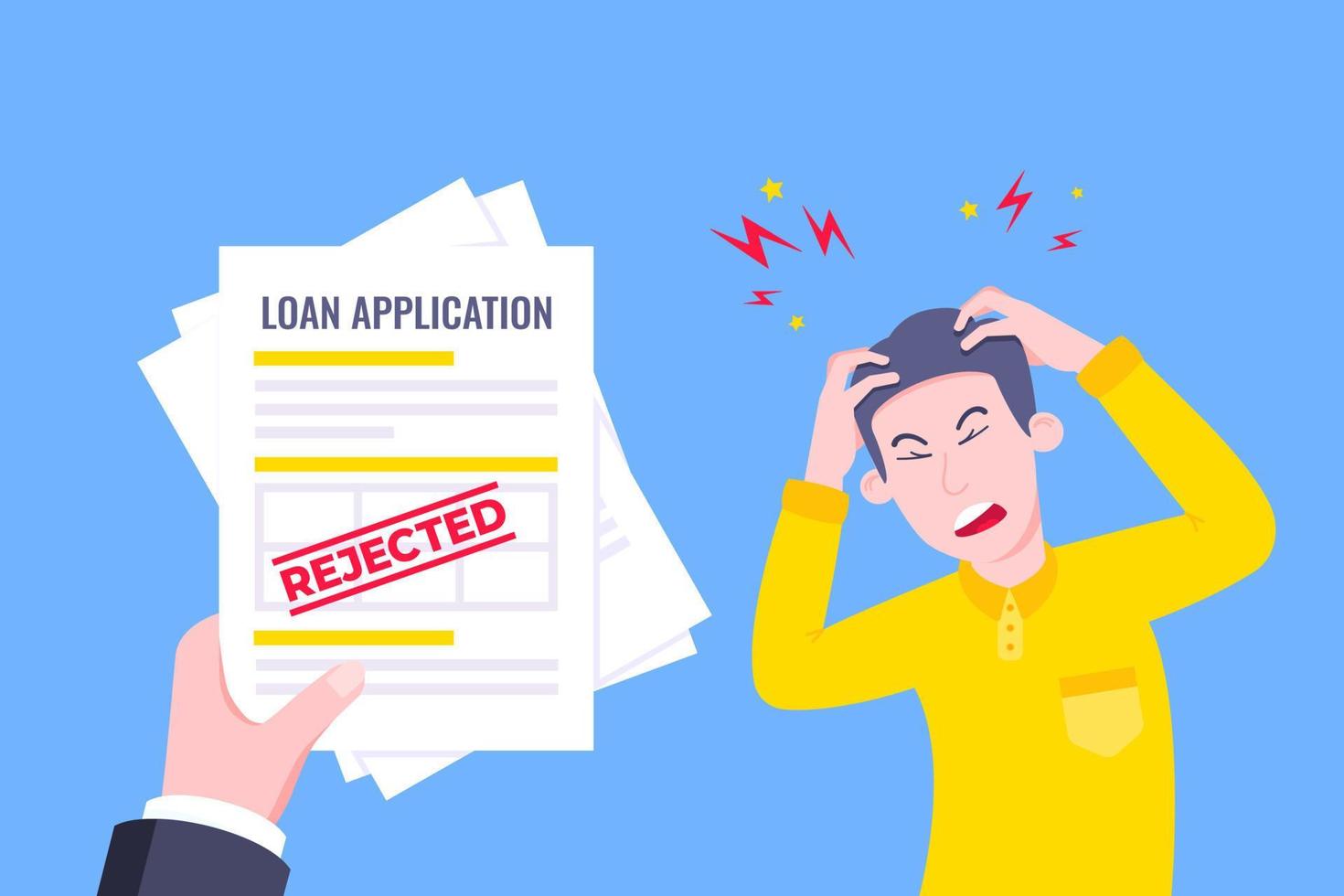 Sad man and rejected loan application form flat style design vector illustration.