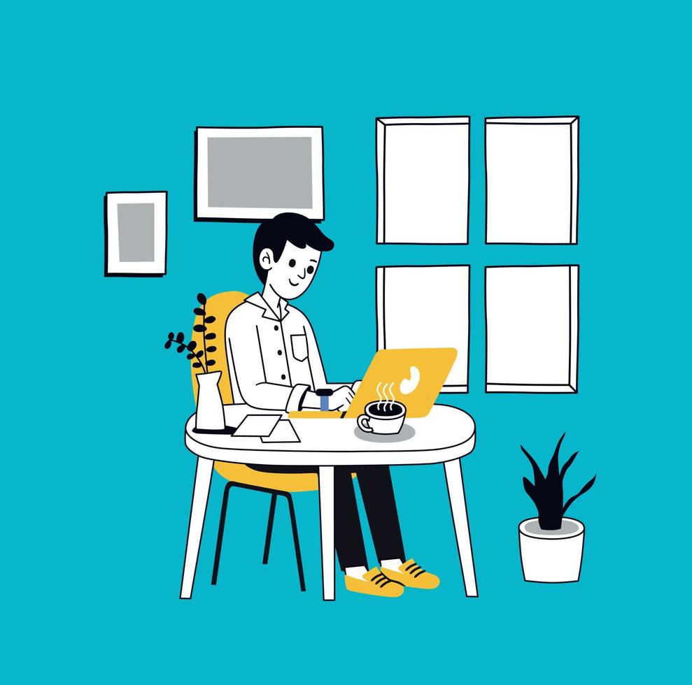 man freelancer sitting in a cafe working with laptop computer near a window vector