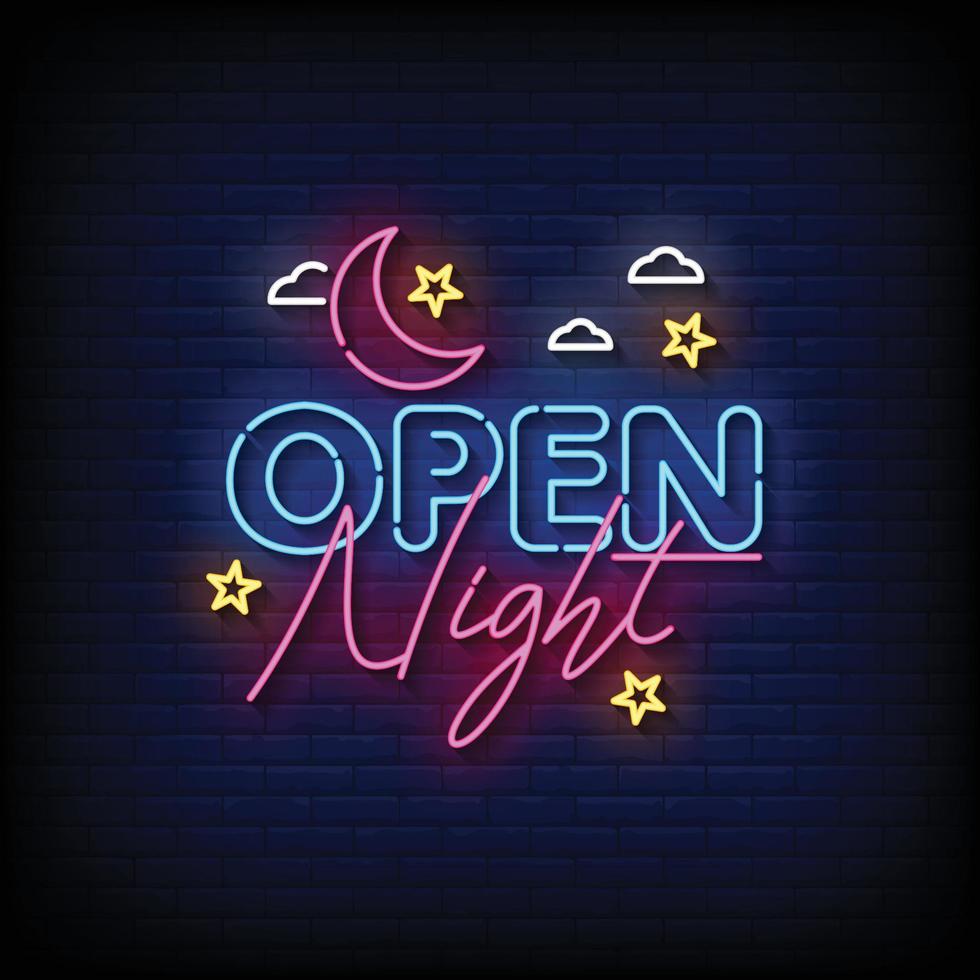vector de texto de estilo de letreros de neón de noche abierta