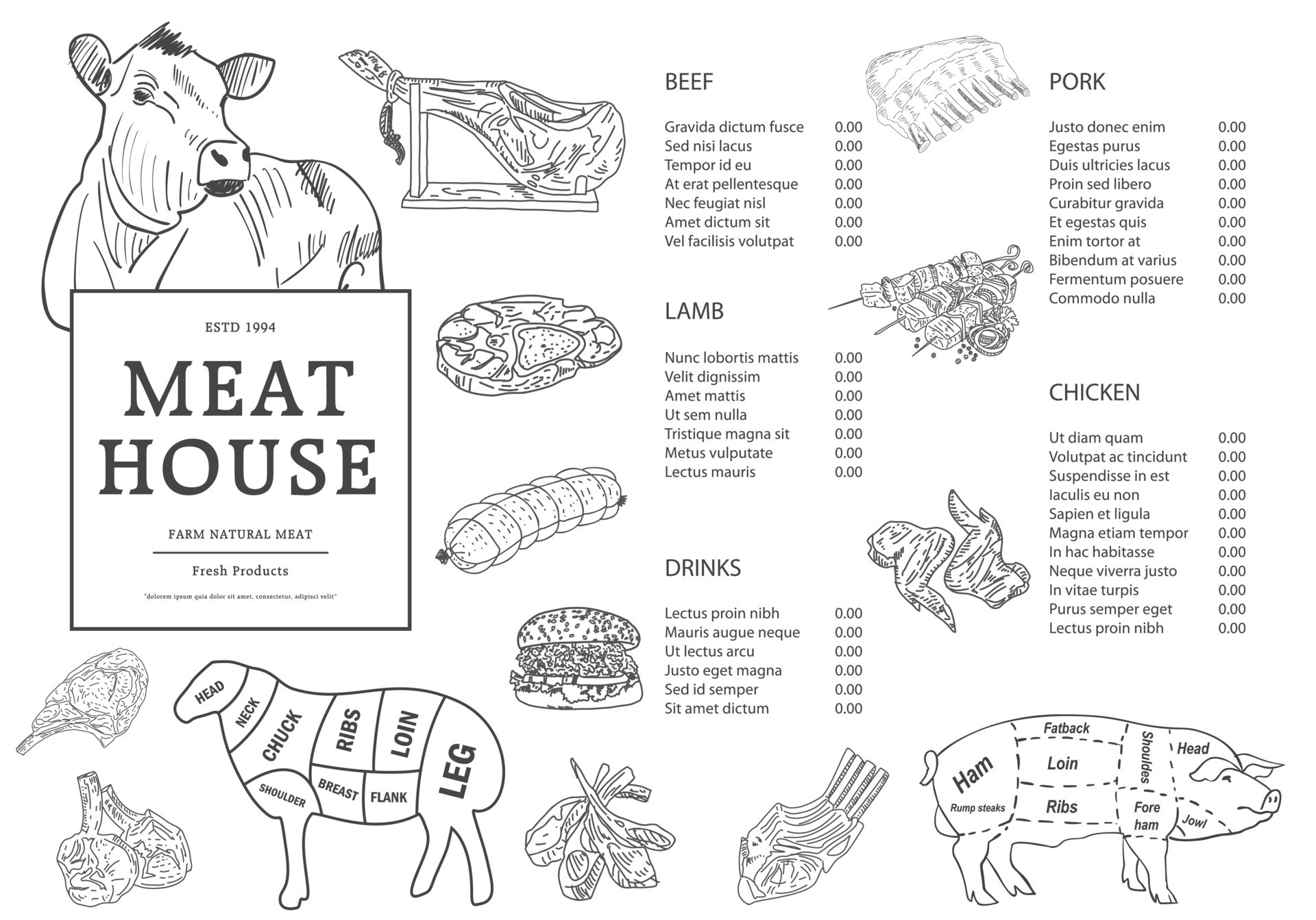 Meat house restaurant menu price template for meat dishes. 7357007